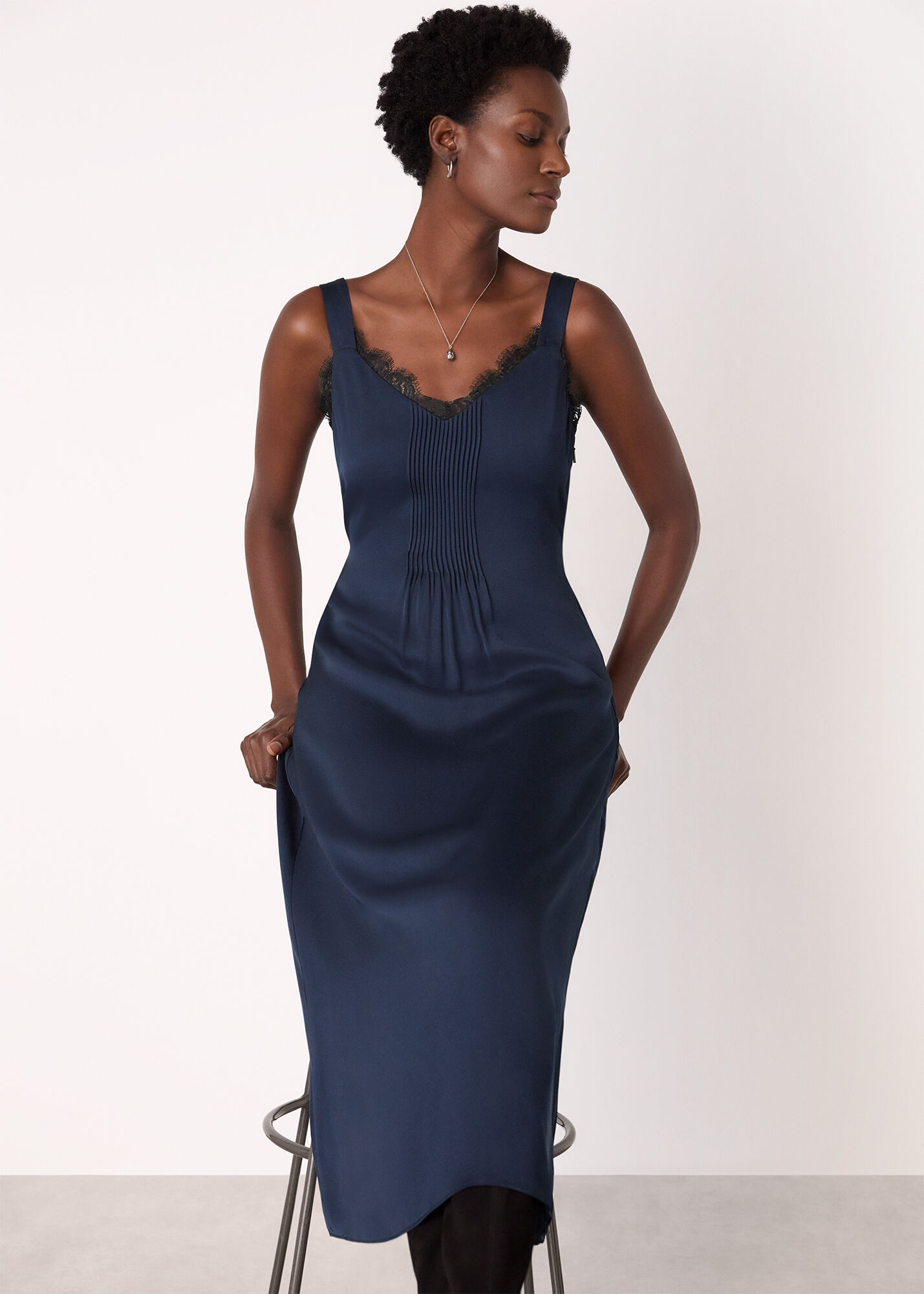Navy/Multi Crepe Lace Trim Cami Dress | WHISTLES | Whistles US |