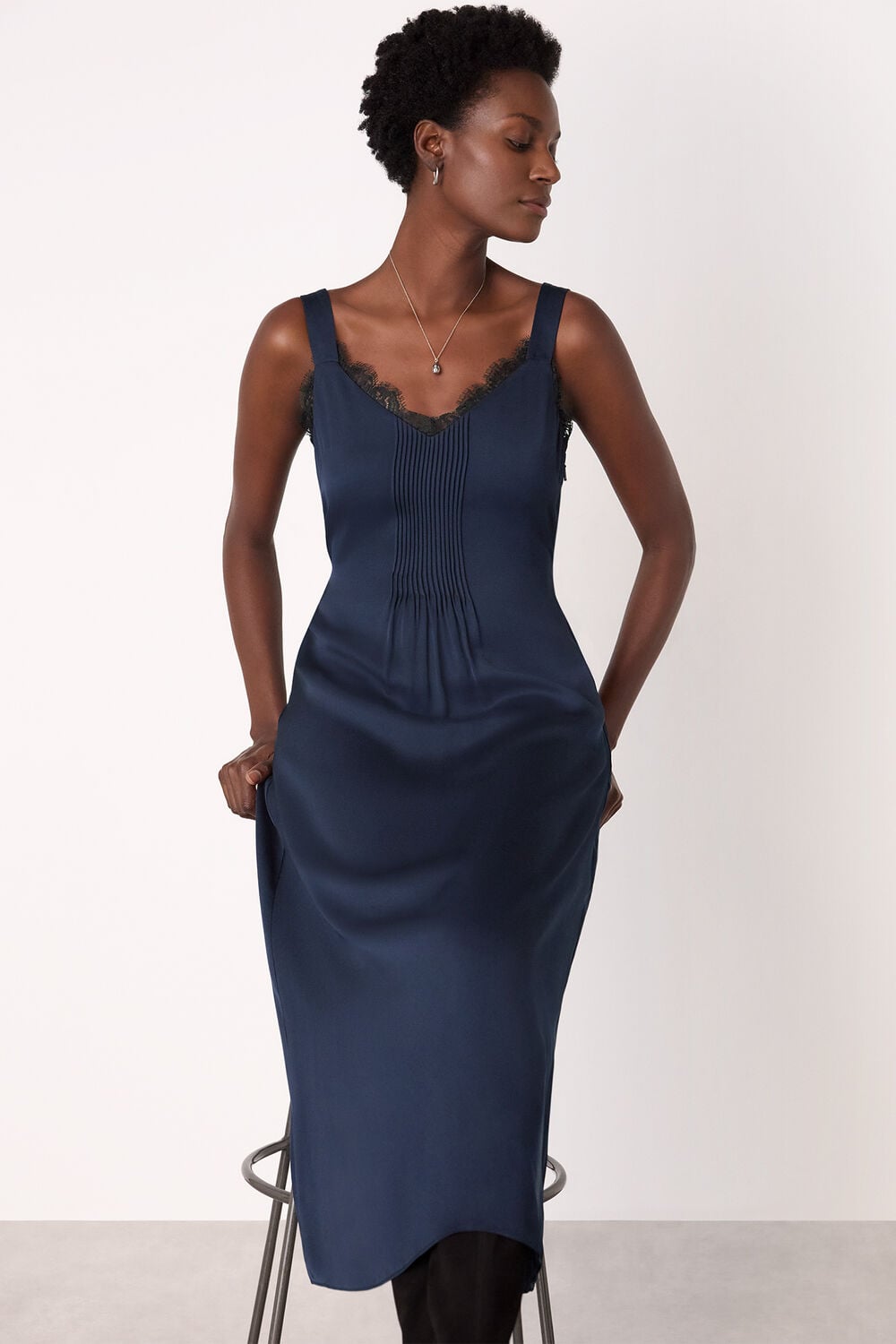 Navy Crepe Lace Trim Cami Dress