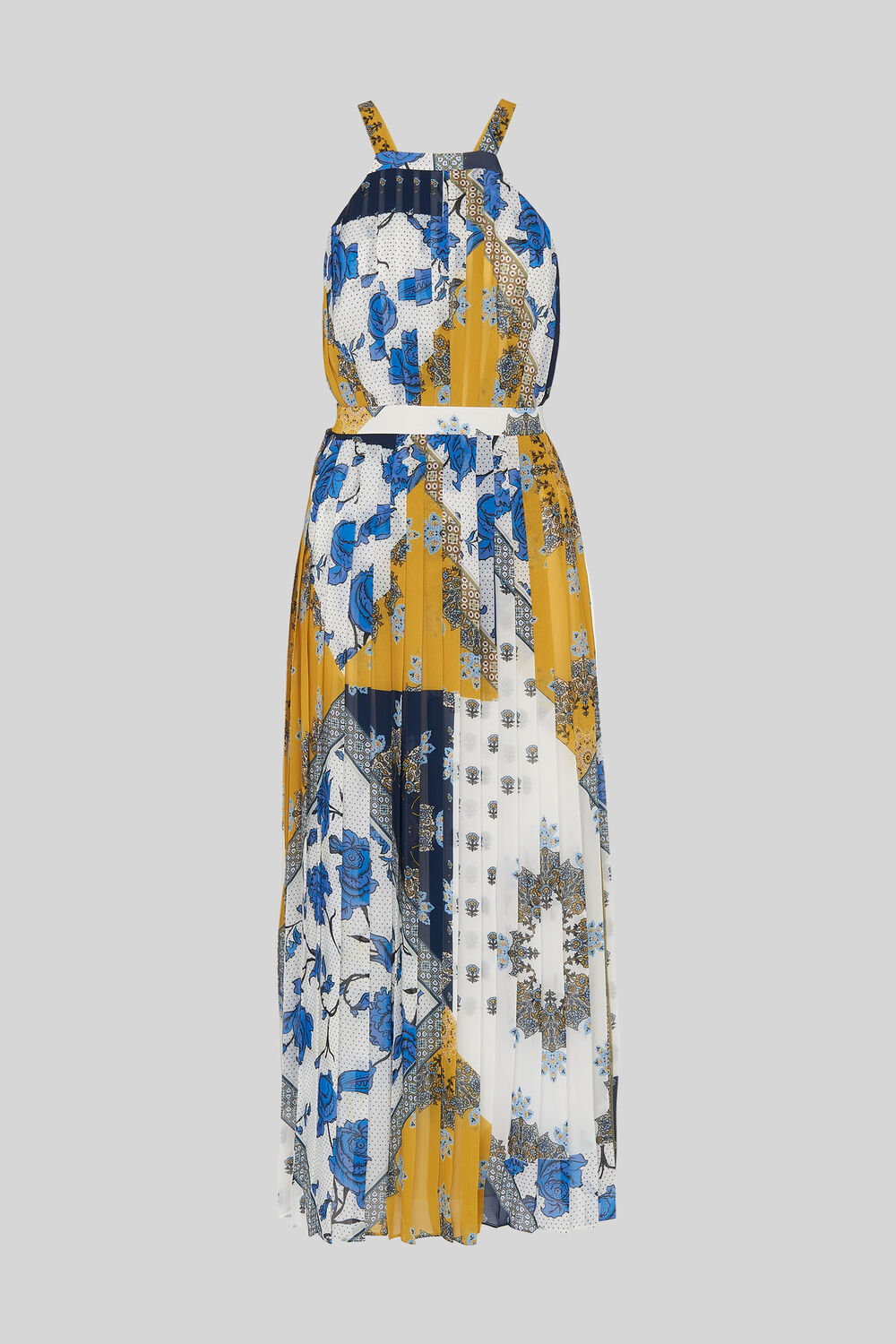 Patchwork Scarf Pleated Dress Blue/Multi