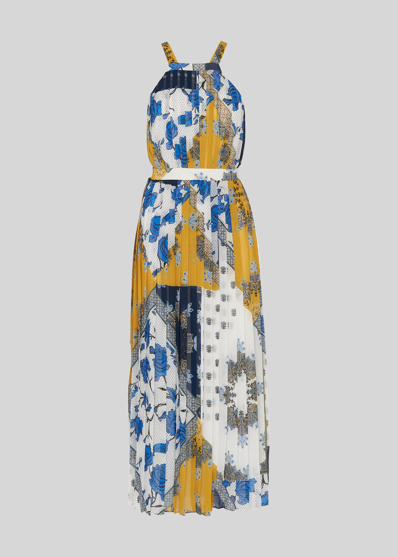 Patchwork Scarf Pleated Dress Blue/Multi