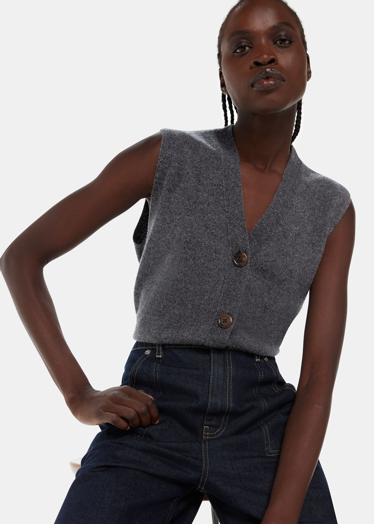 Dark Grey Wool Button Through Tank | WHISTLES | Whistles UK