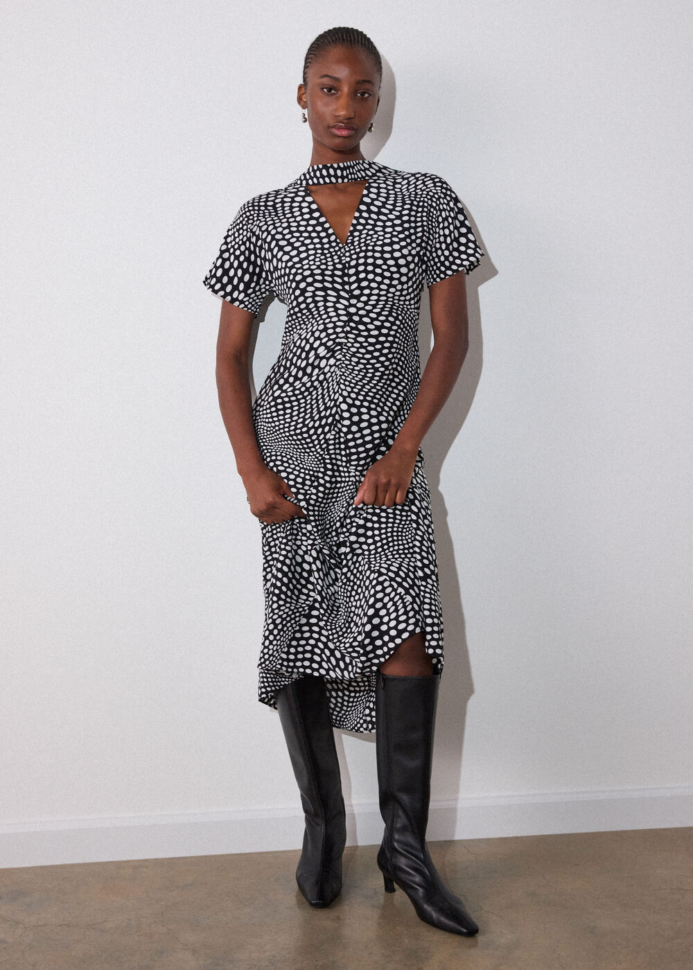 Mixed Spot V Neck Midi Dress