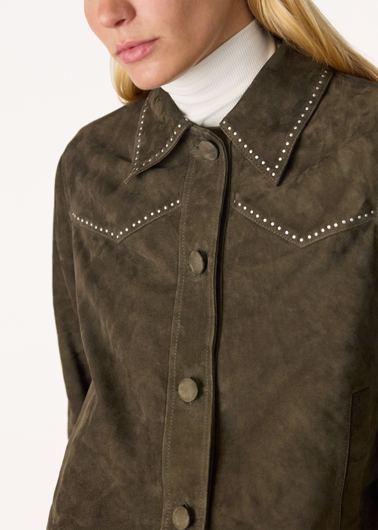 Olive Suede Leather Studded Jacket | WHISTLES | Whistles UK |