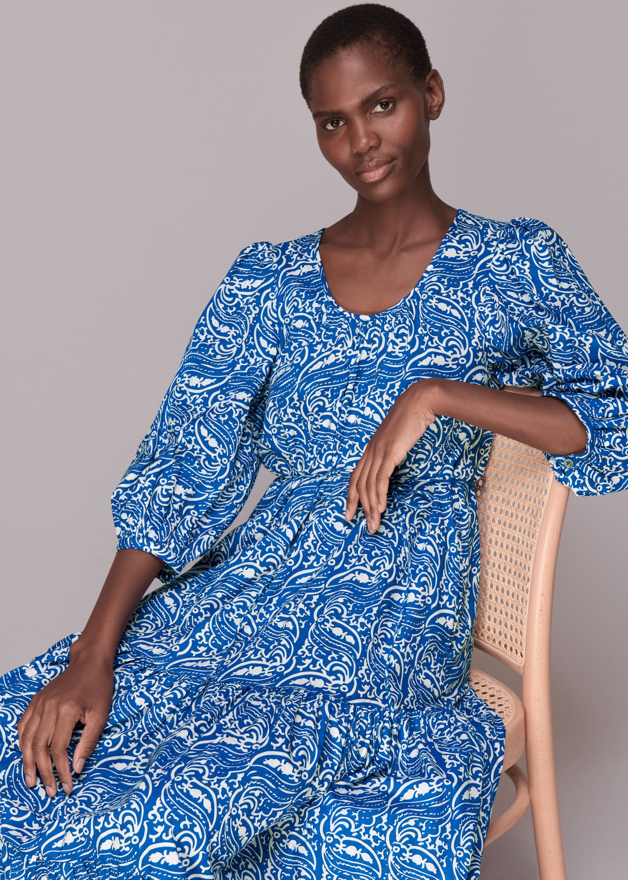 Blue/Multi Chaina Print Trapeze Dress | WHISTLES | Whistles US |
