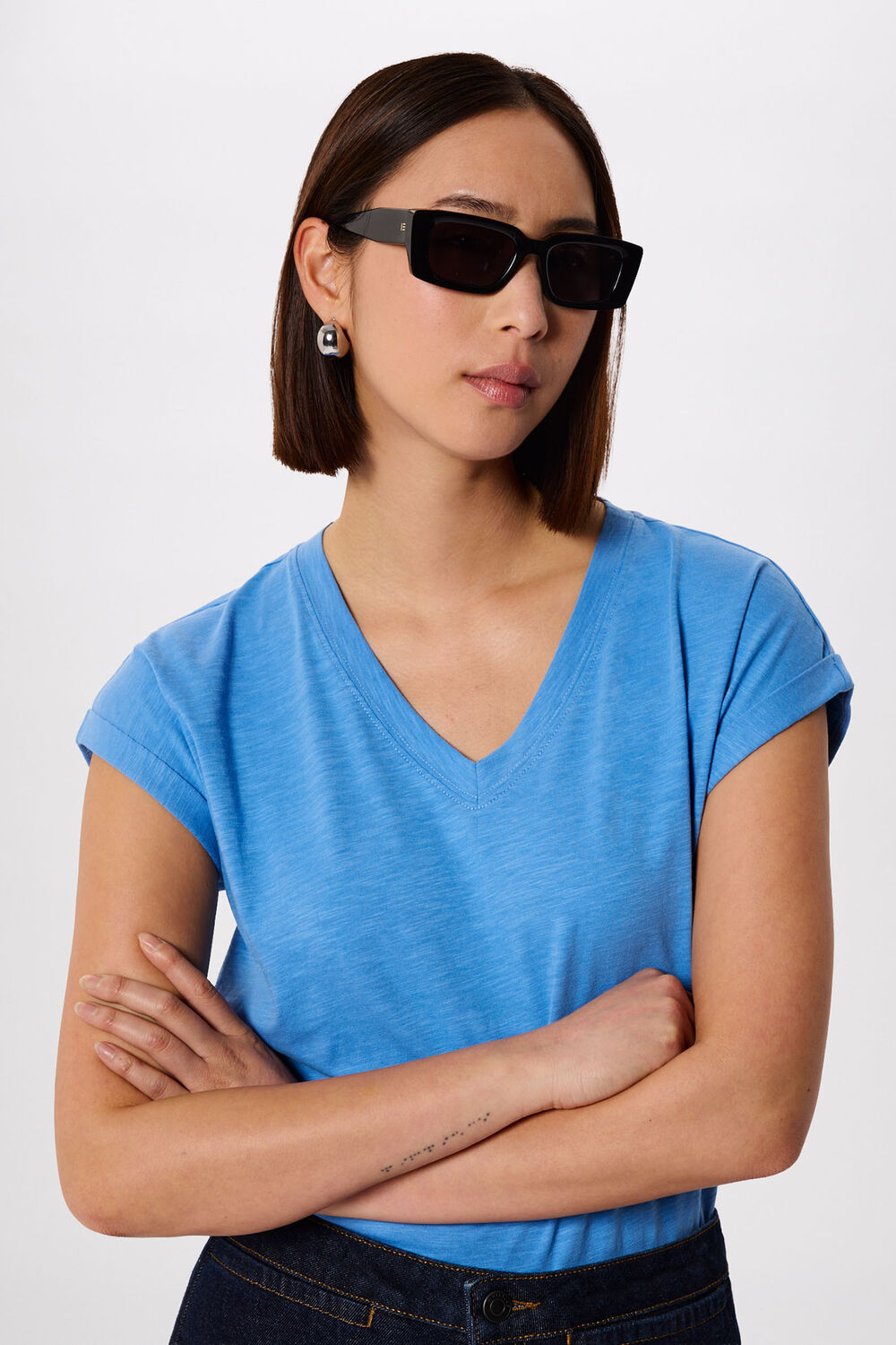 Blue Willa V-Neck Cap Sleeve Tee