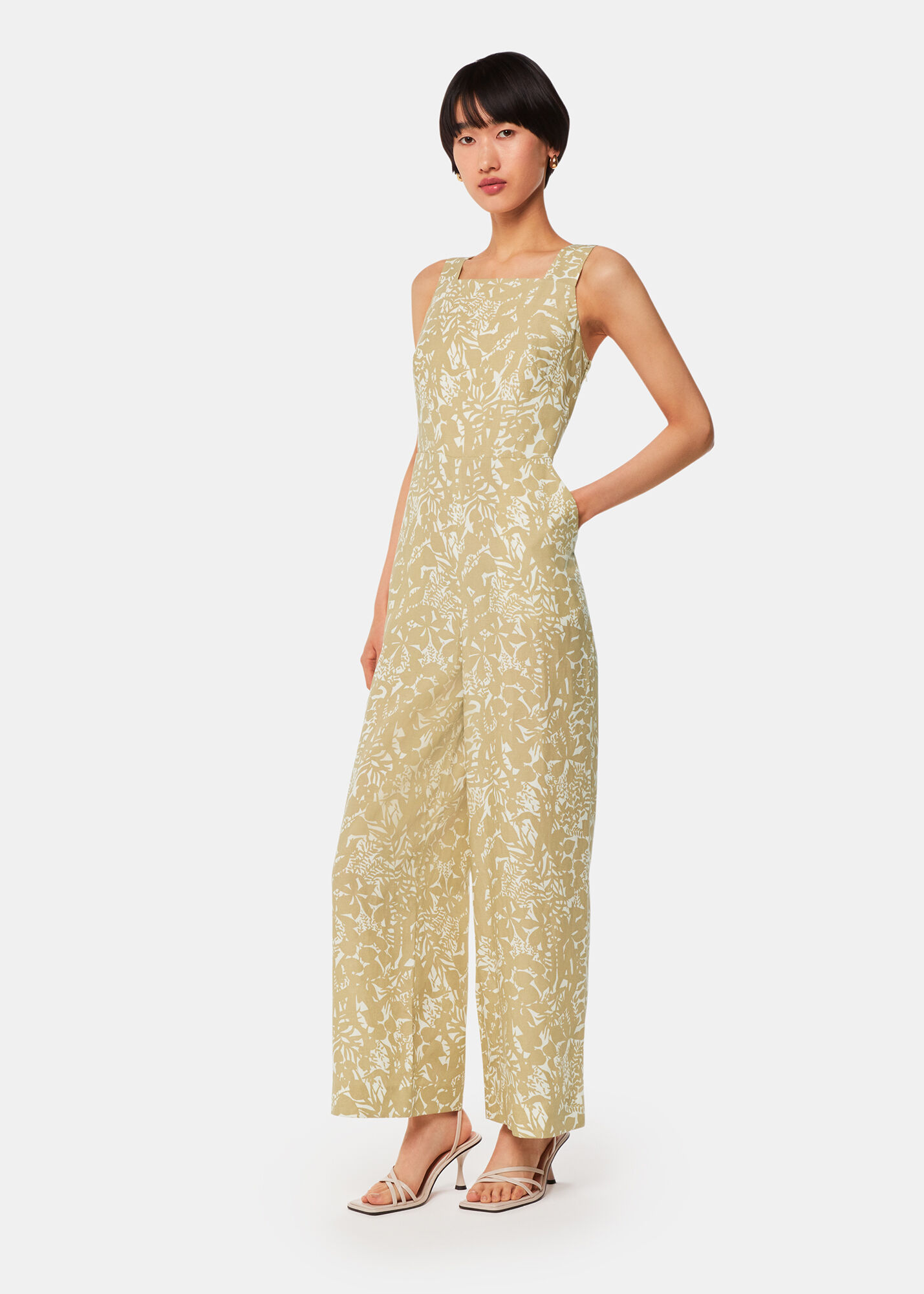 Khaki/Multi Tropical Leaves Jumpsuit | WHISTLES | Whistles US |