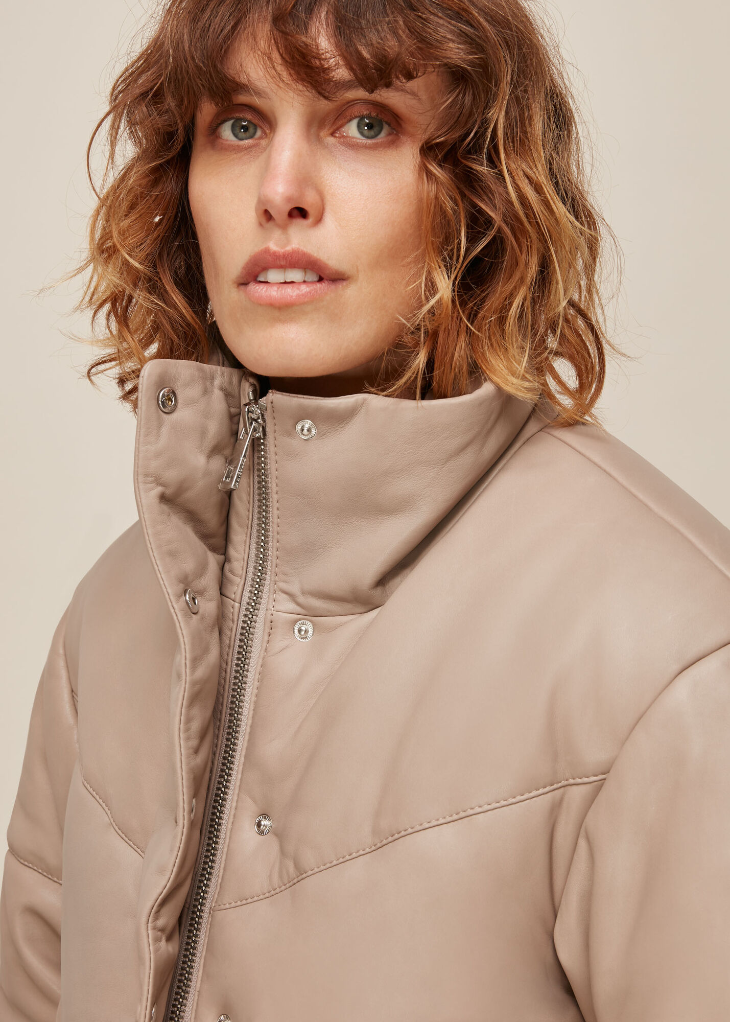 Taupe Yaz Leather Puffer Jacket WHISTLES Whistles UK