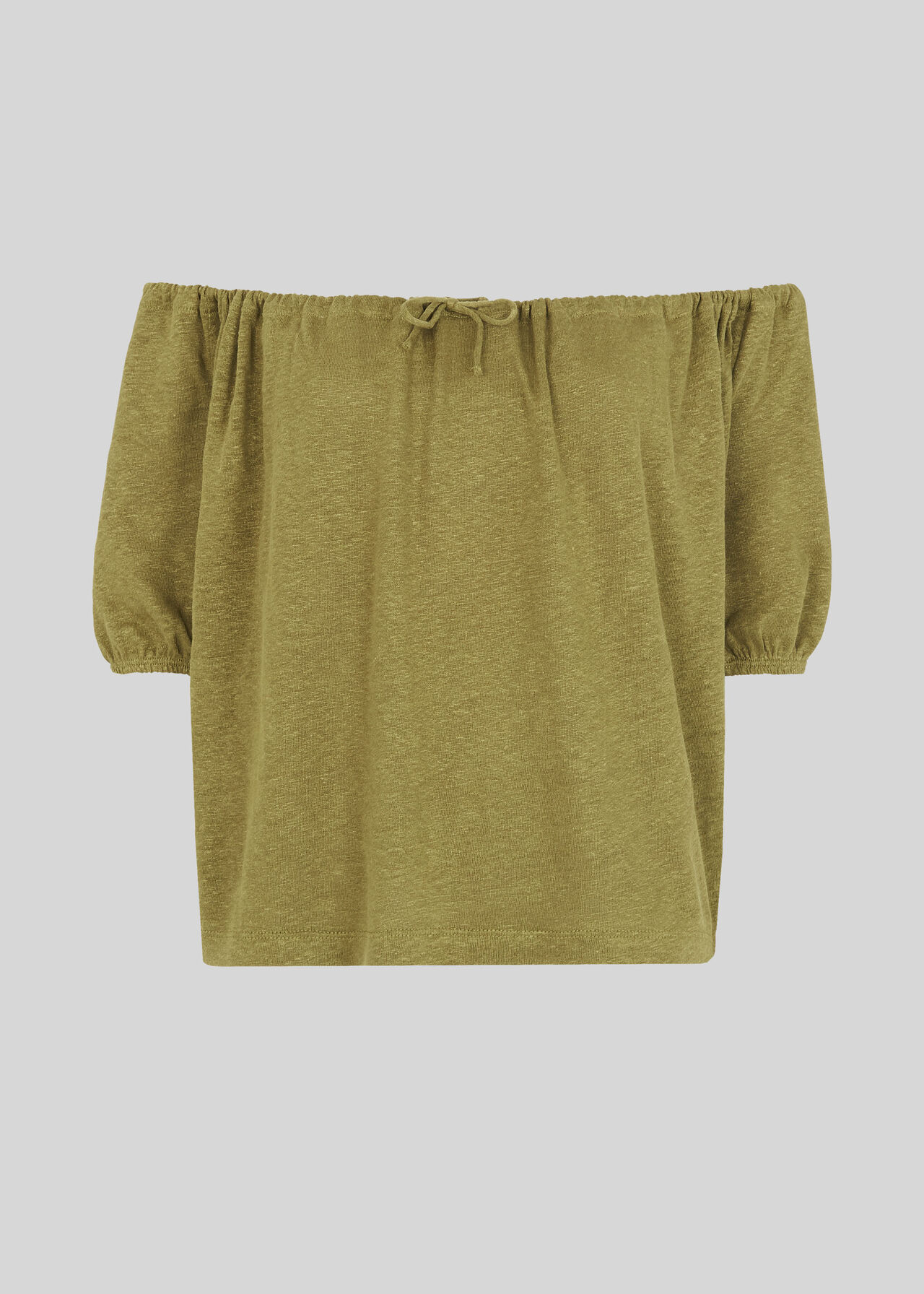 Drawstring Bardot Linen Top Olive