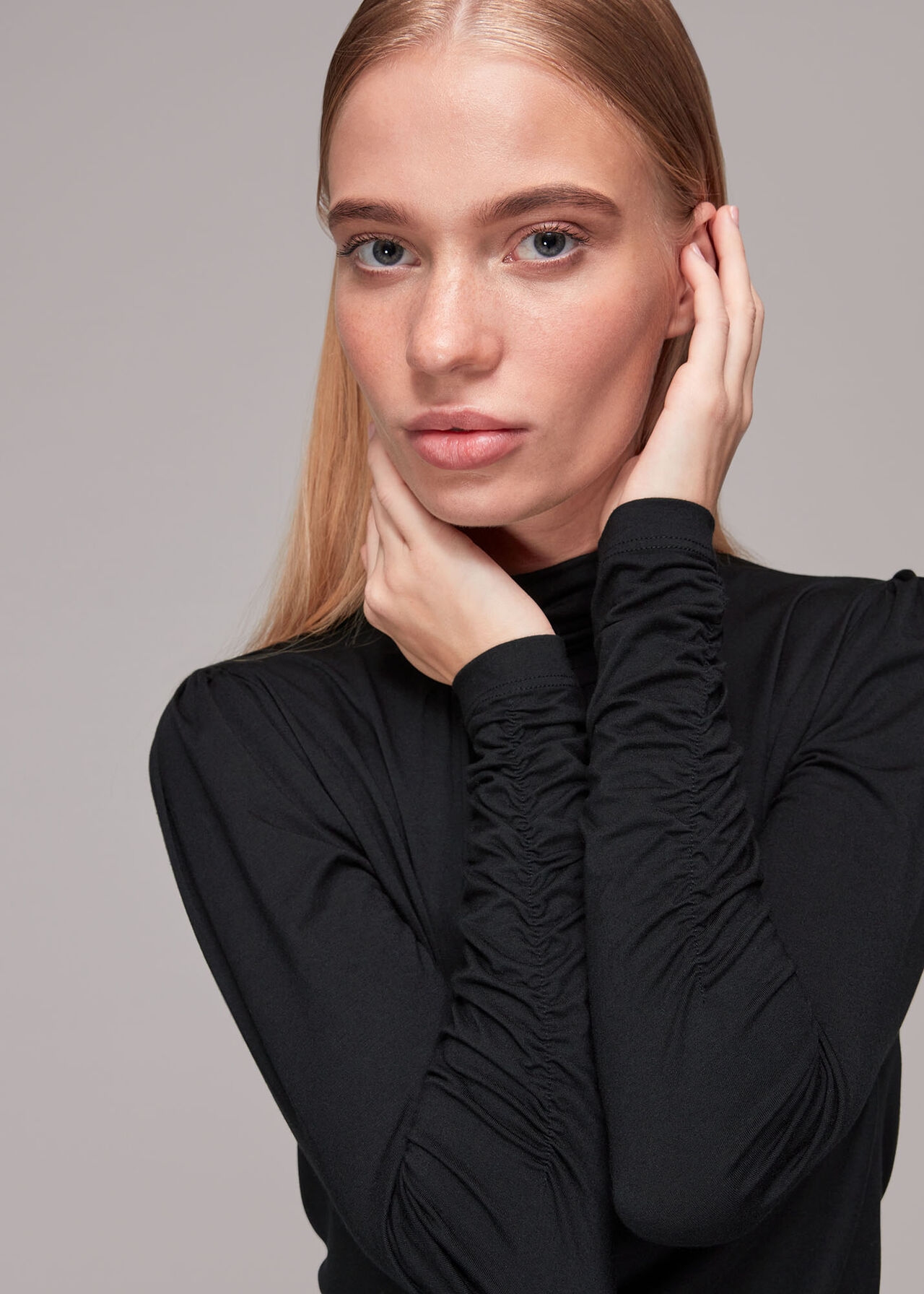 High Neck Ruched Sleeve Top