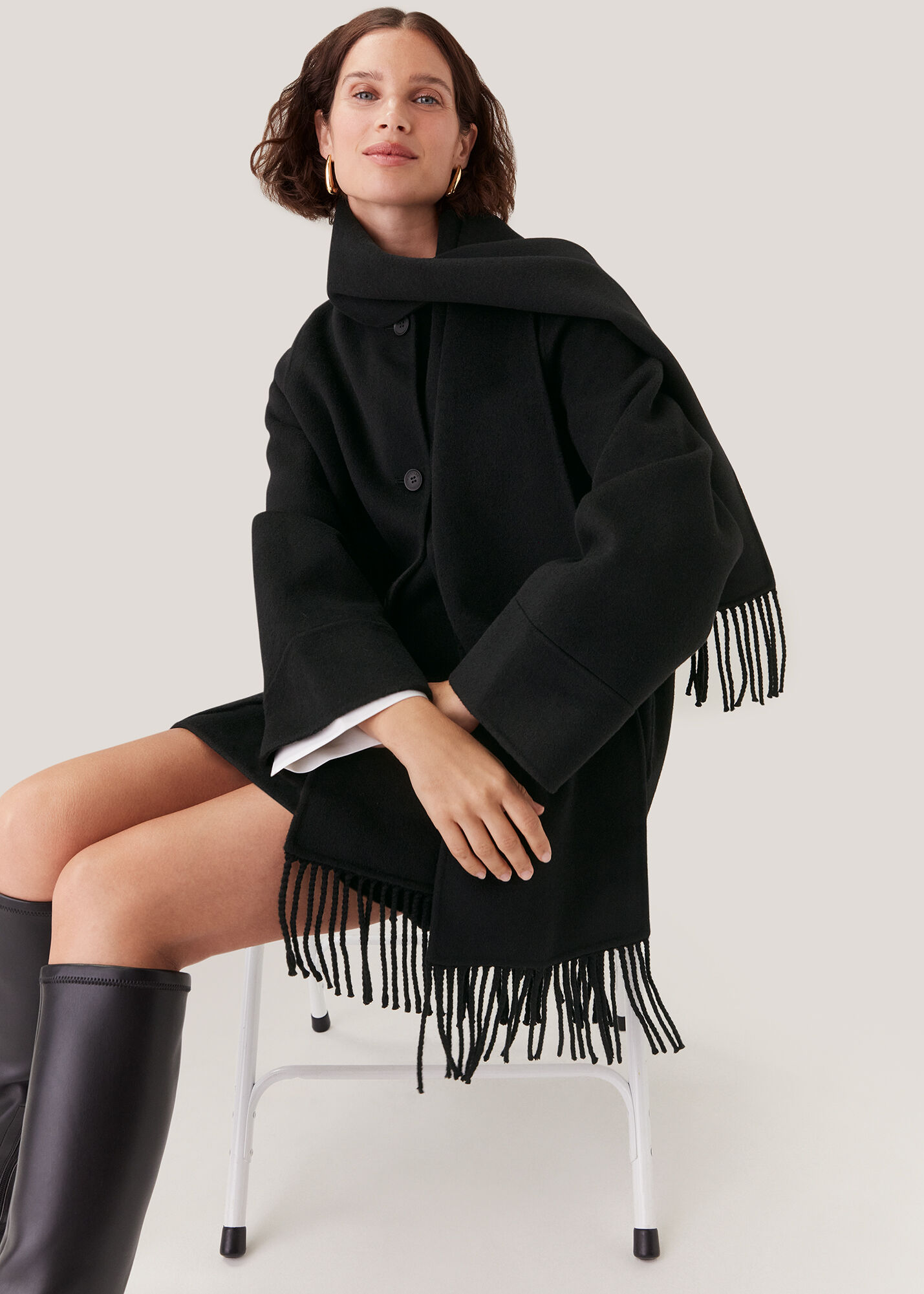 Black Double Face Wool Fringe Coat | WHISTLES | Whistles US |