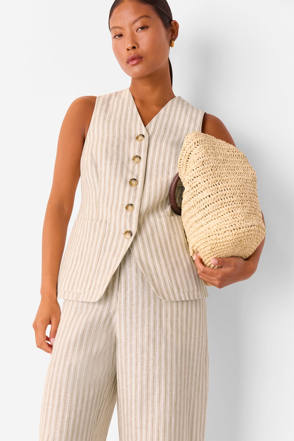Neutral Petite Linen Stripe Waistcoat
