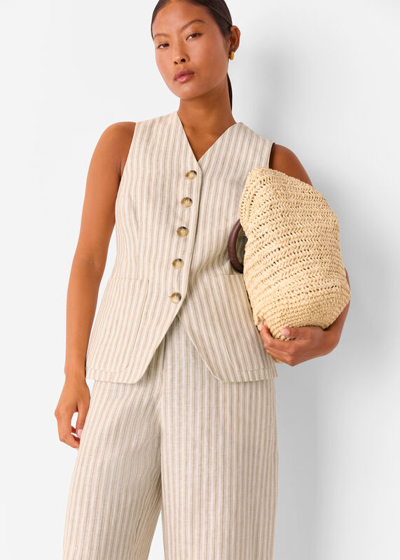 Neutral Petite Linen Stripe Waistcoat