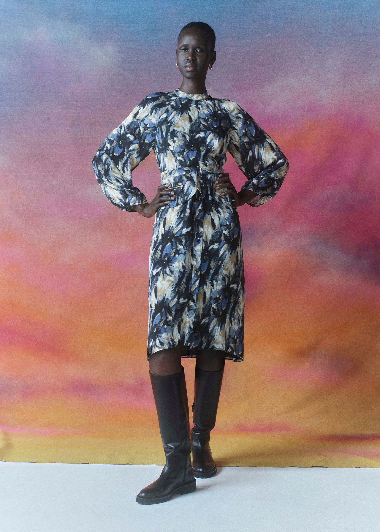 STORM FLORAL SILK BELTED DRESS