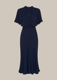 Shirred Waist Midi Dress Navy