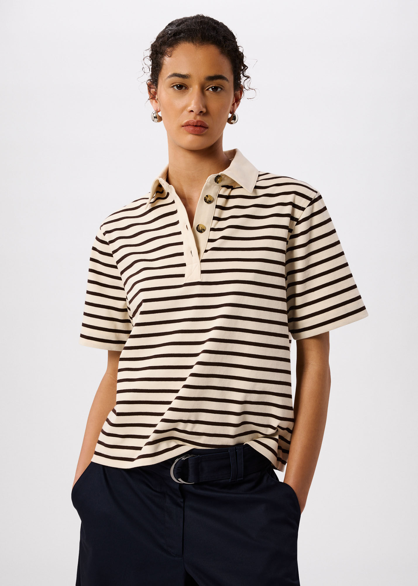Ivory/Multi Short Sleeve Stripe Polo | WHISTLES | Whistles US |