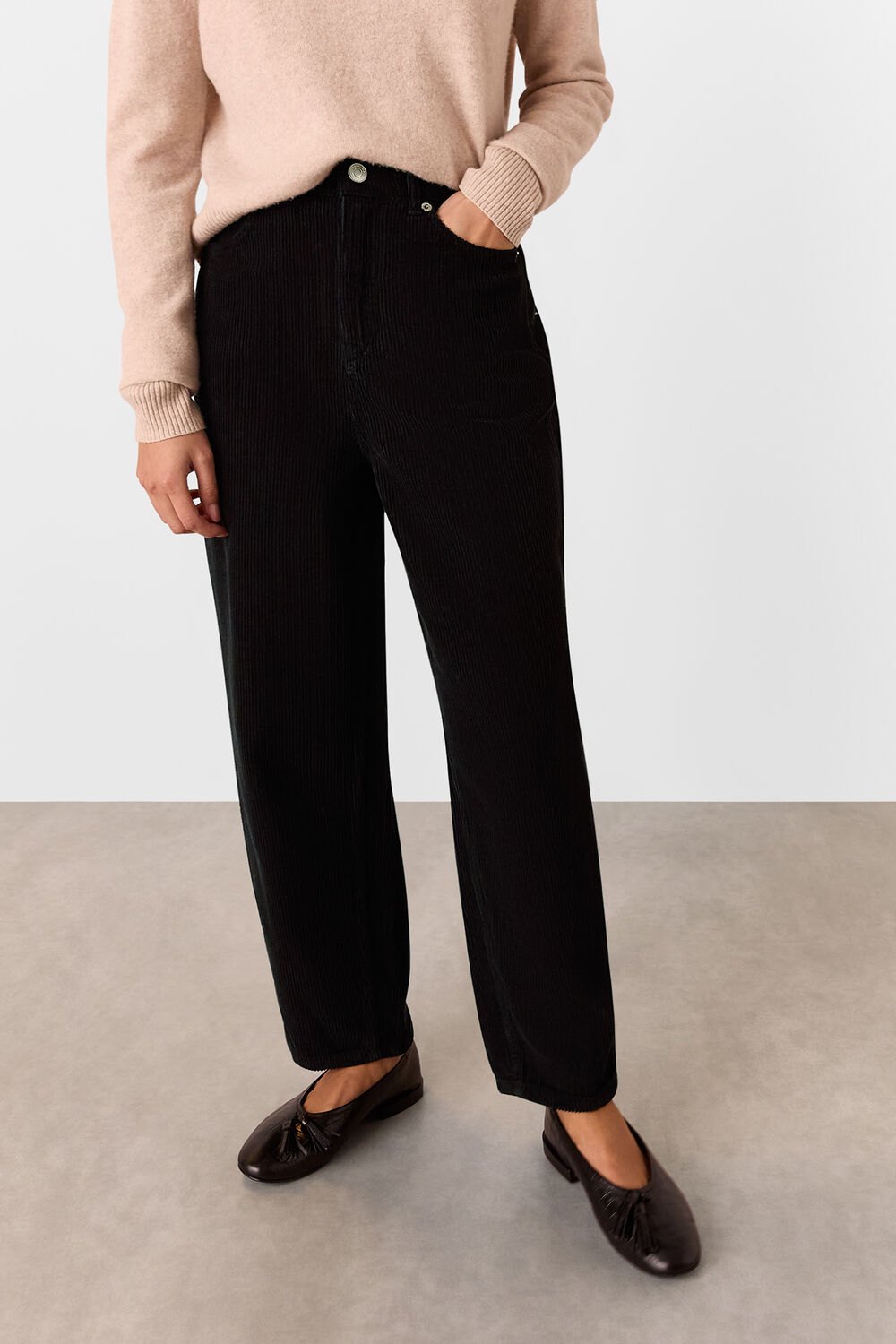 Black Petite High Waist Cord Barrel Jean