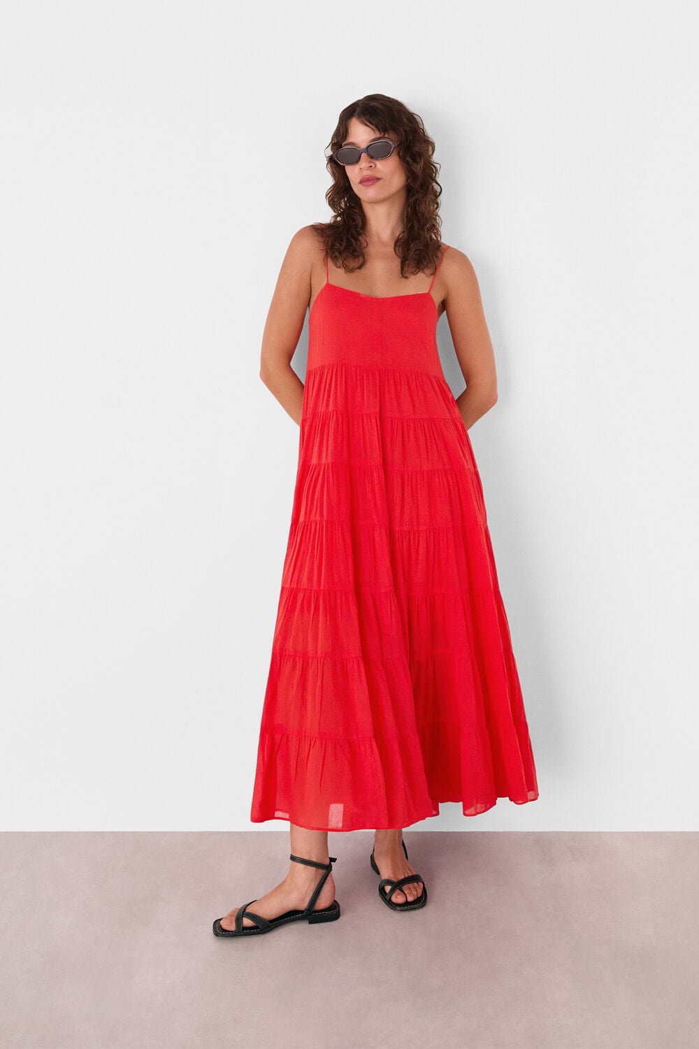Red Cotton Tiered Maxi Sun Dress