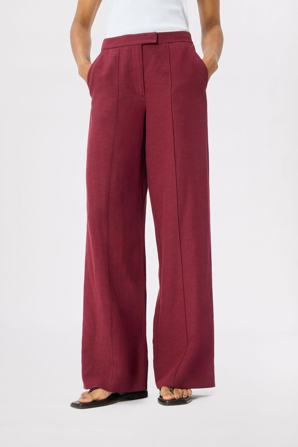 Burgundy Linen Blend Pintuck Trouser