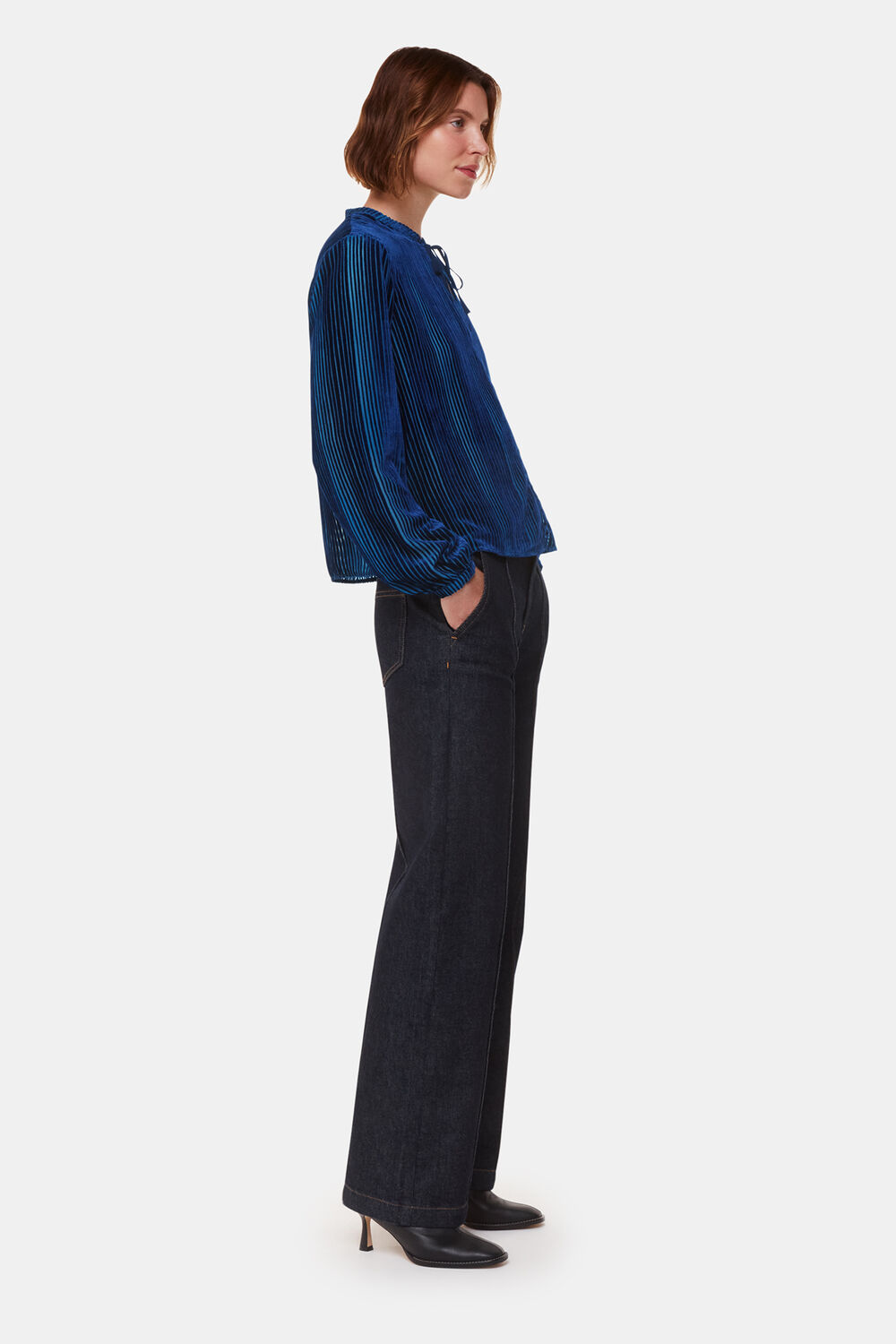 Blue Devore Stripe Velvet Blouse