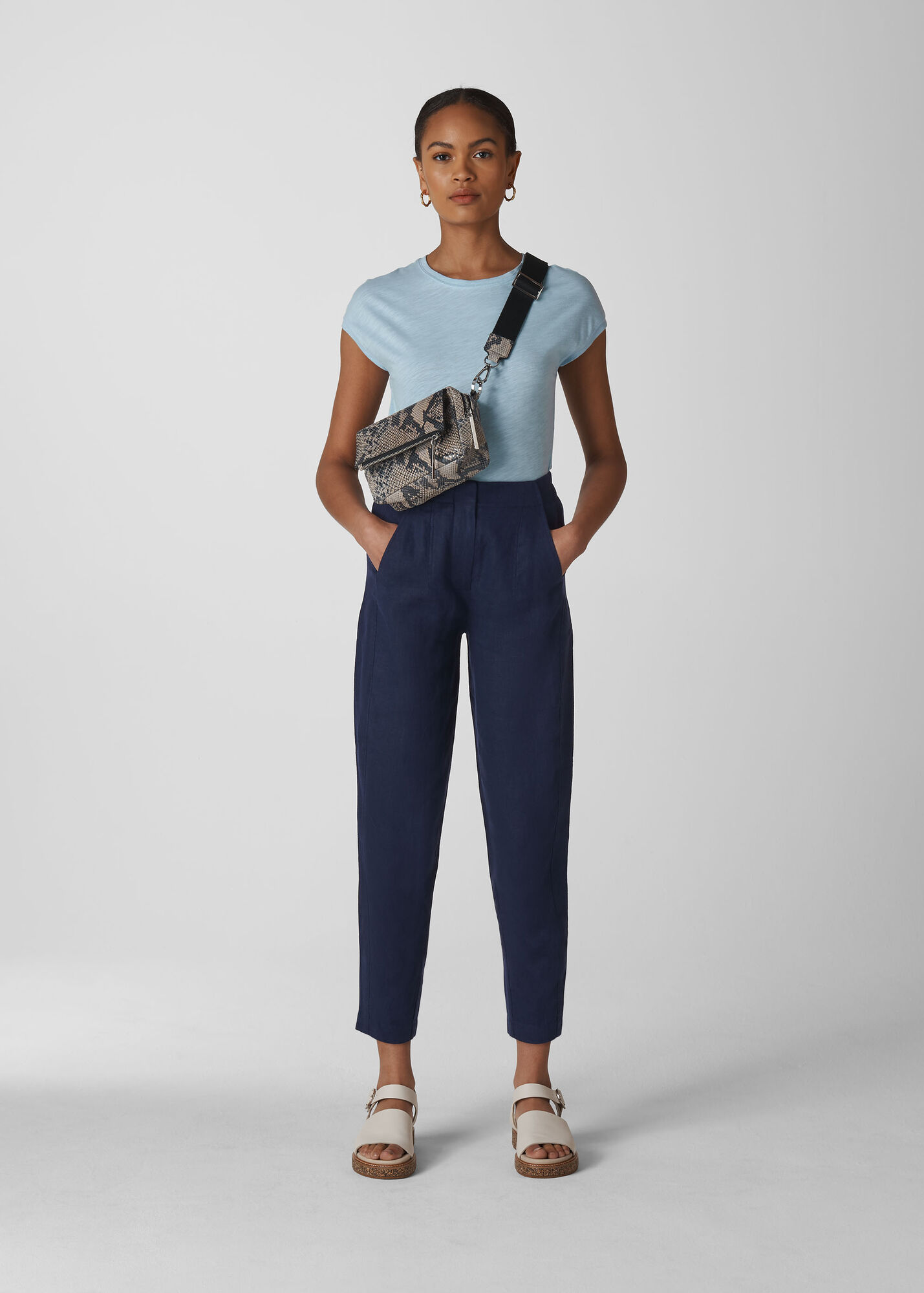 Navy Barrel Leg Linen Trouser WHISTLES