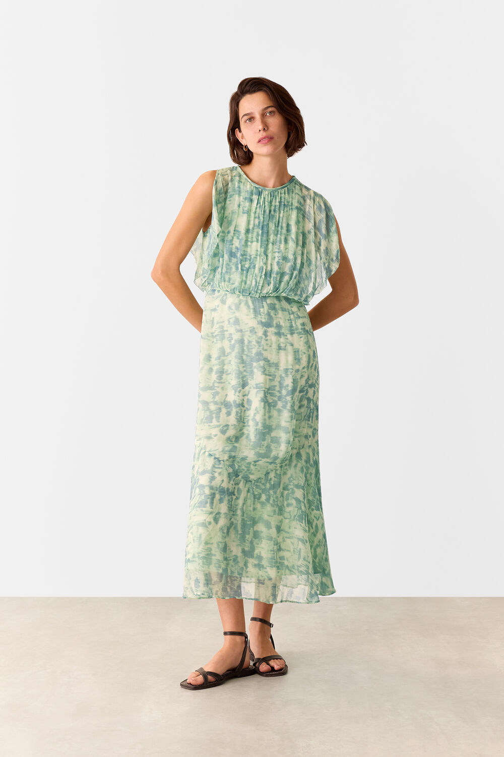 Green Dashed Brush Marks Midi Dress