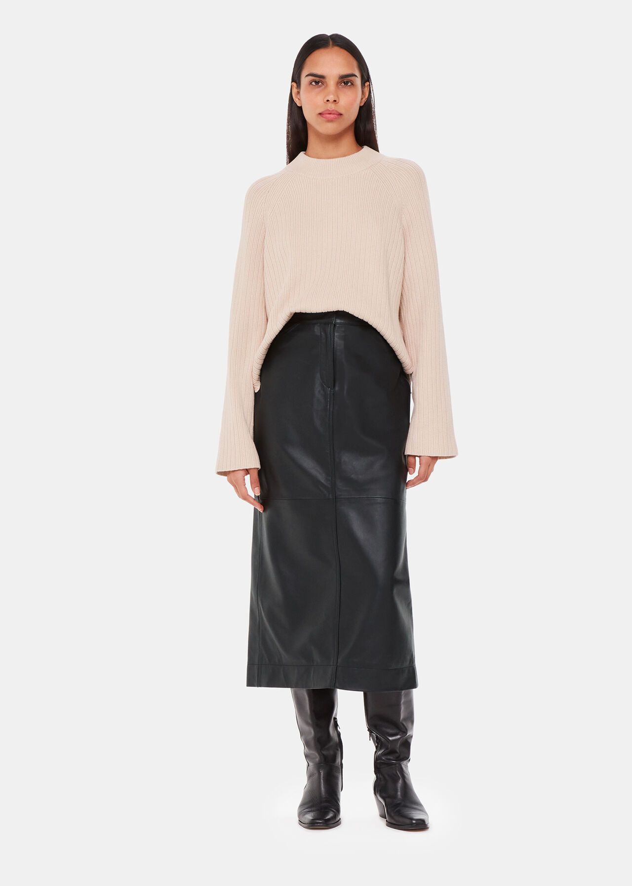 Black Jamie Leather Midi Skirt | WHISTLES