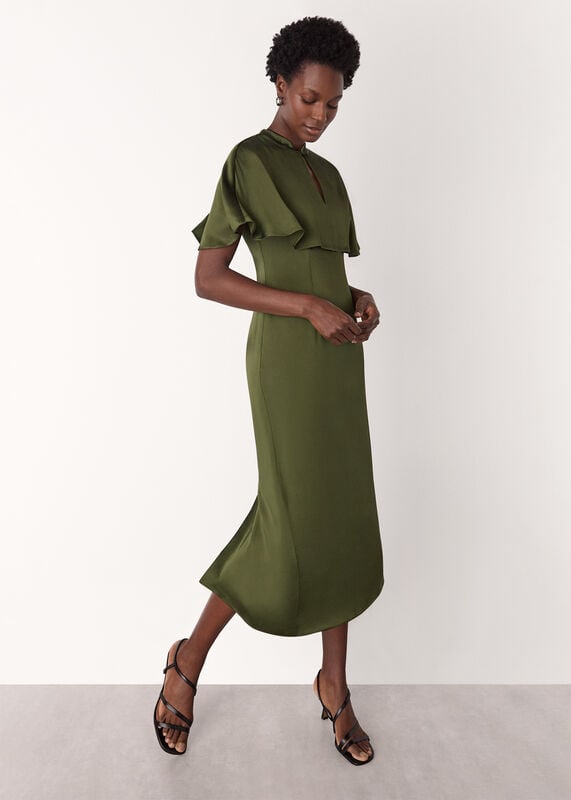 Olive Cape Satin Midi Dress