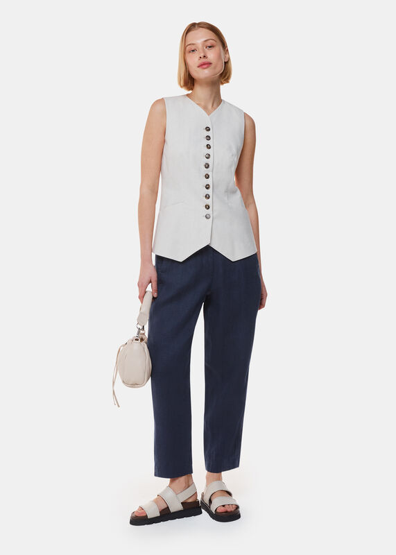 Navy Petite Linen Barrel Leg Trouser