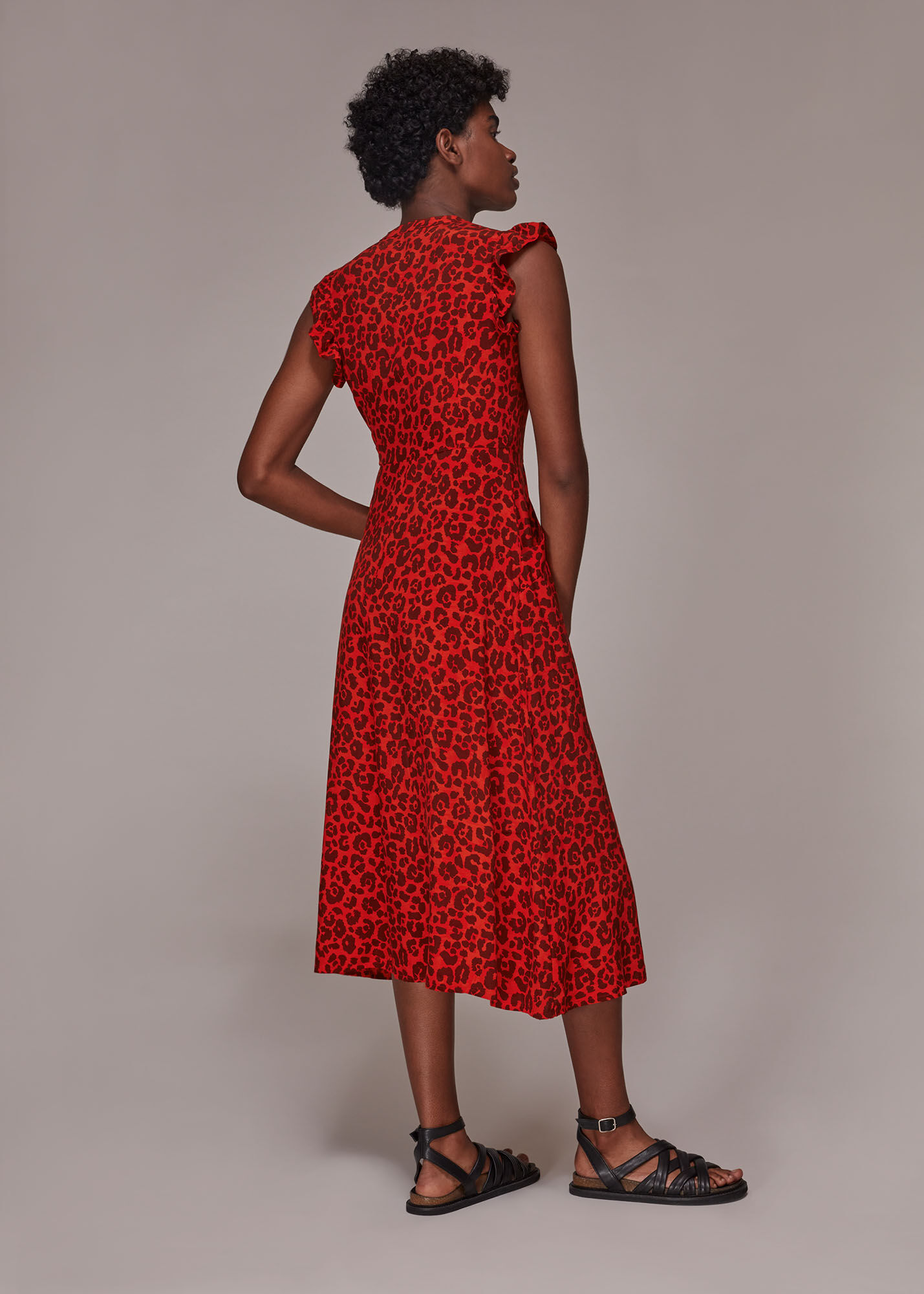 Red/Multi Animal Frill Sleeve Midi Dress WHISTLES
