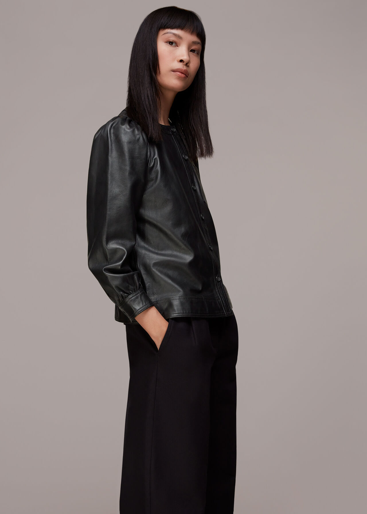 Leather Gathered Sleeve Shirt