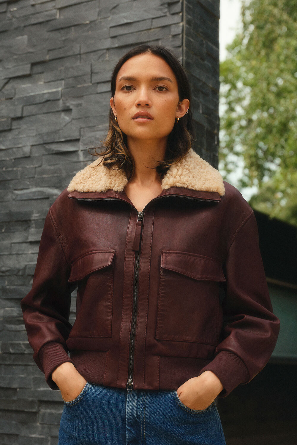 Shearling Collar Bomber Jacket