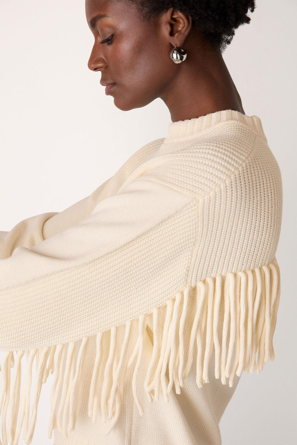 Ivory Fringe Rib Detail Cotton Knit
