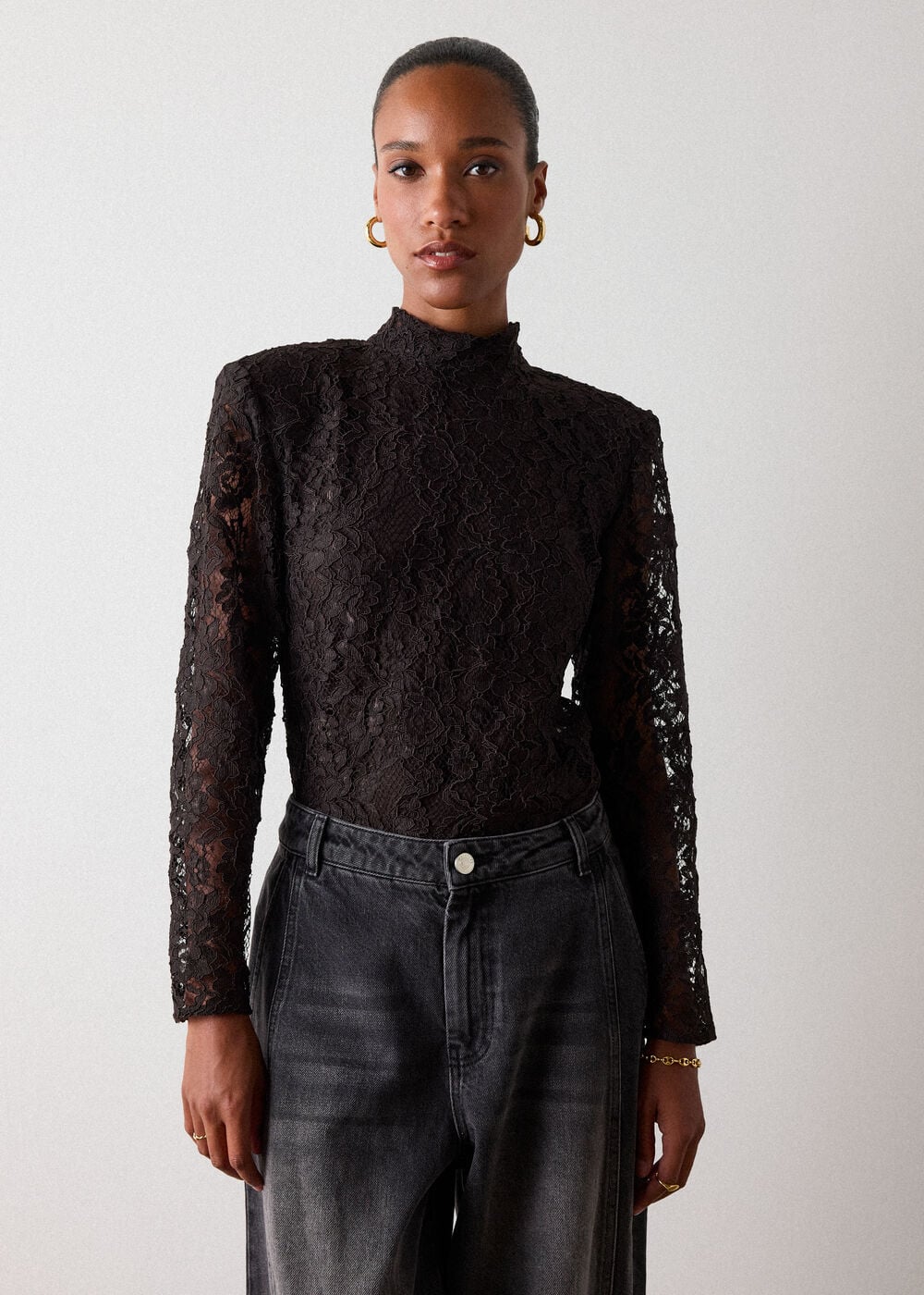 Chocolate Lace Power Shoulder Top