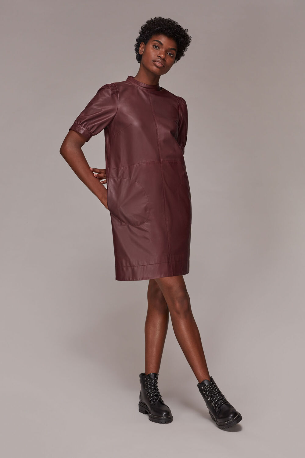 Burgundy Puff Sleeve Leather Dress