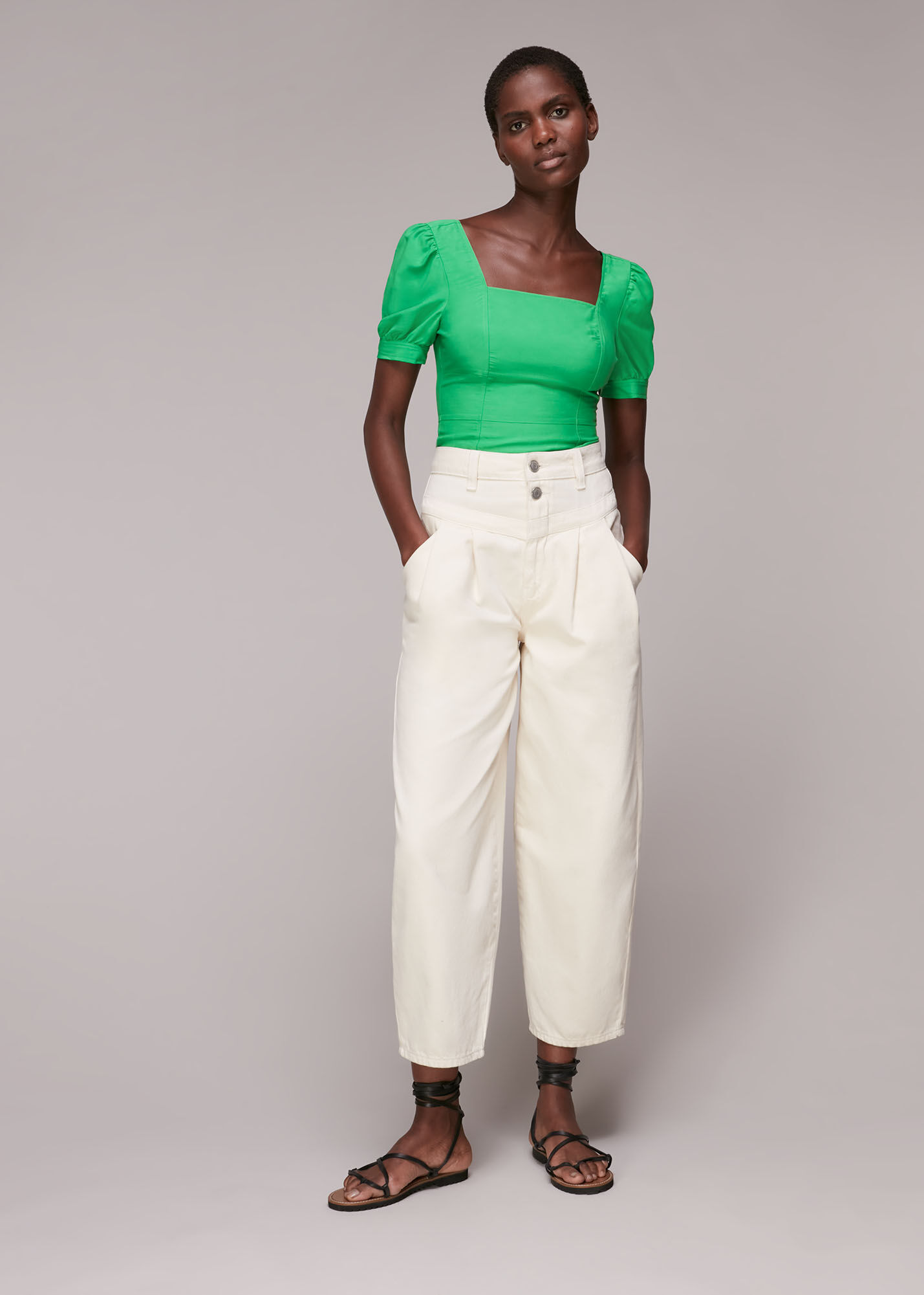 Green Puff Sleeve Zip Back Top WHISTLES Whistles UK