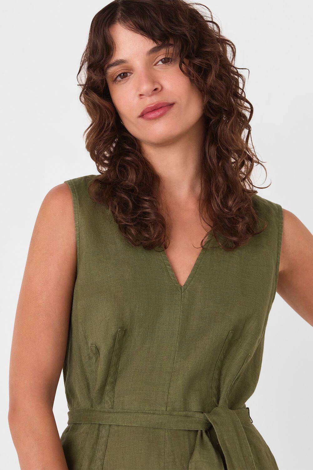 Khaki Belted Seamed Linen Jumpsuit