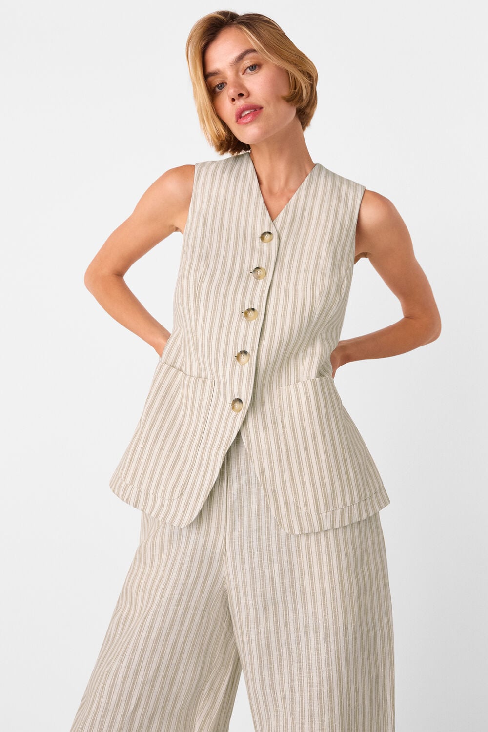 Neutral Linen Stripe Waistcoat