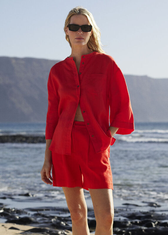 Red Linen Grandad Collar Shirt