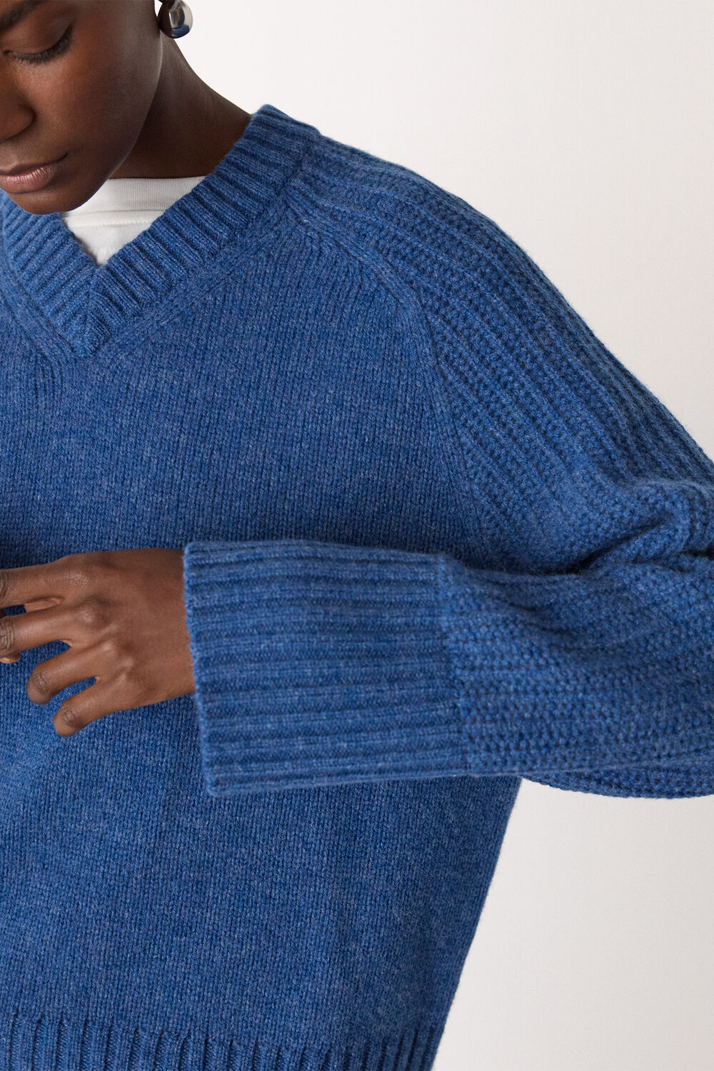 Wool Ribbed Sleeve V Neck Knit
