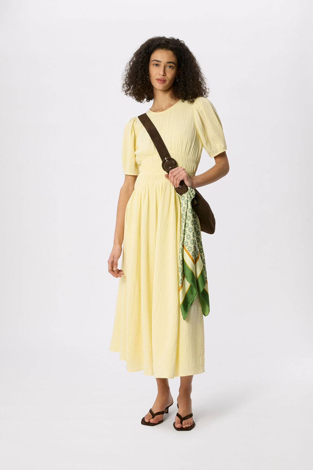 Yellow Shirred Cheesecloth Midi Dress