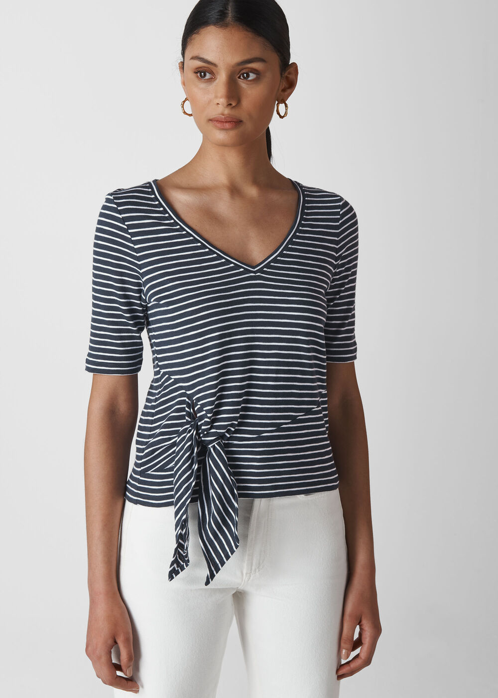 V Neck Tie Side Stripe T-Shirt Navy/Multi