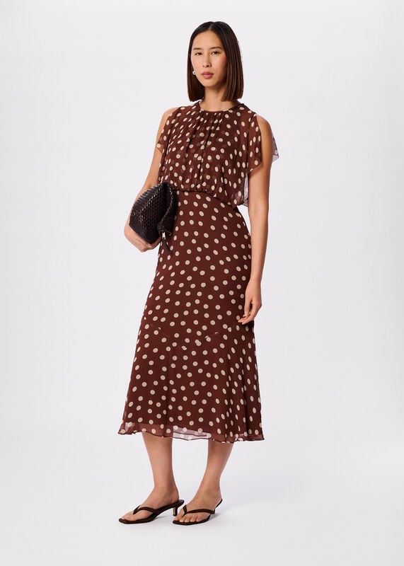 Brown Petite Polka Dot Print Midi Dress