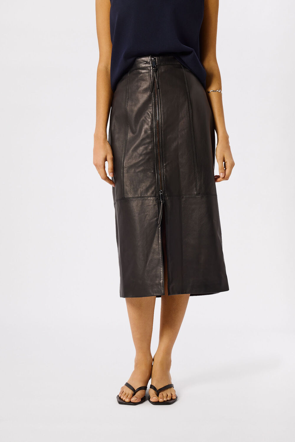 Black Zip Front Leather Pencil Skirt