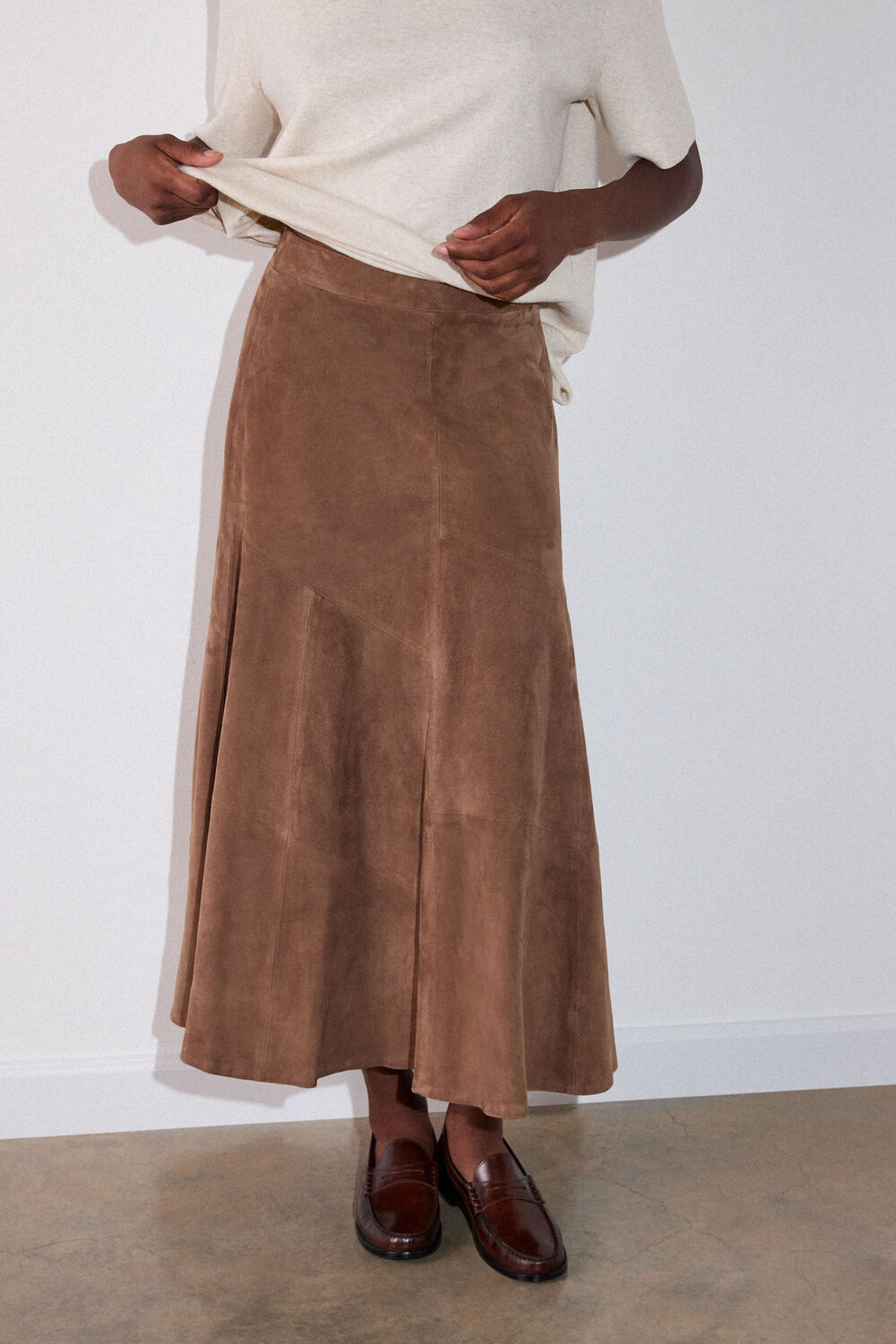 Taupe Zig Zag Panel Suede Skirt
