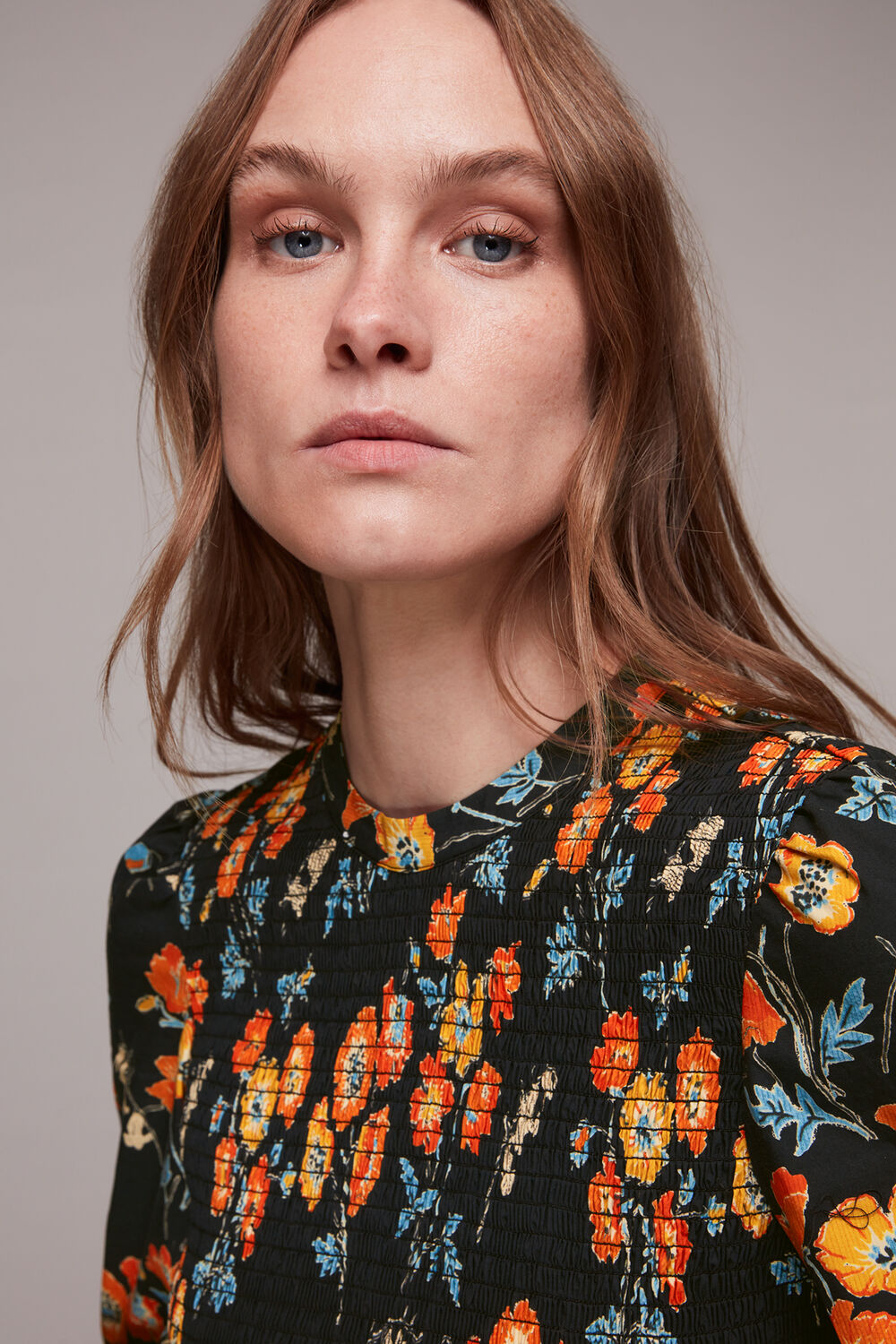 Shirred Floral Midi Dress