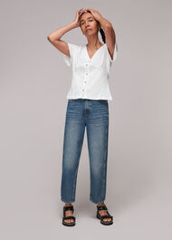 Button Front Frill Top White