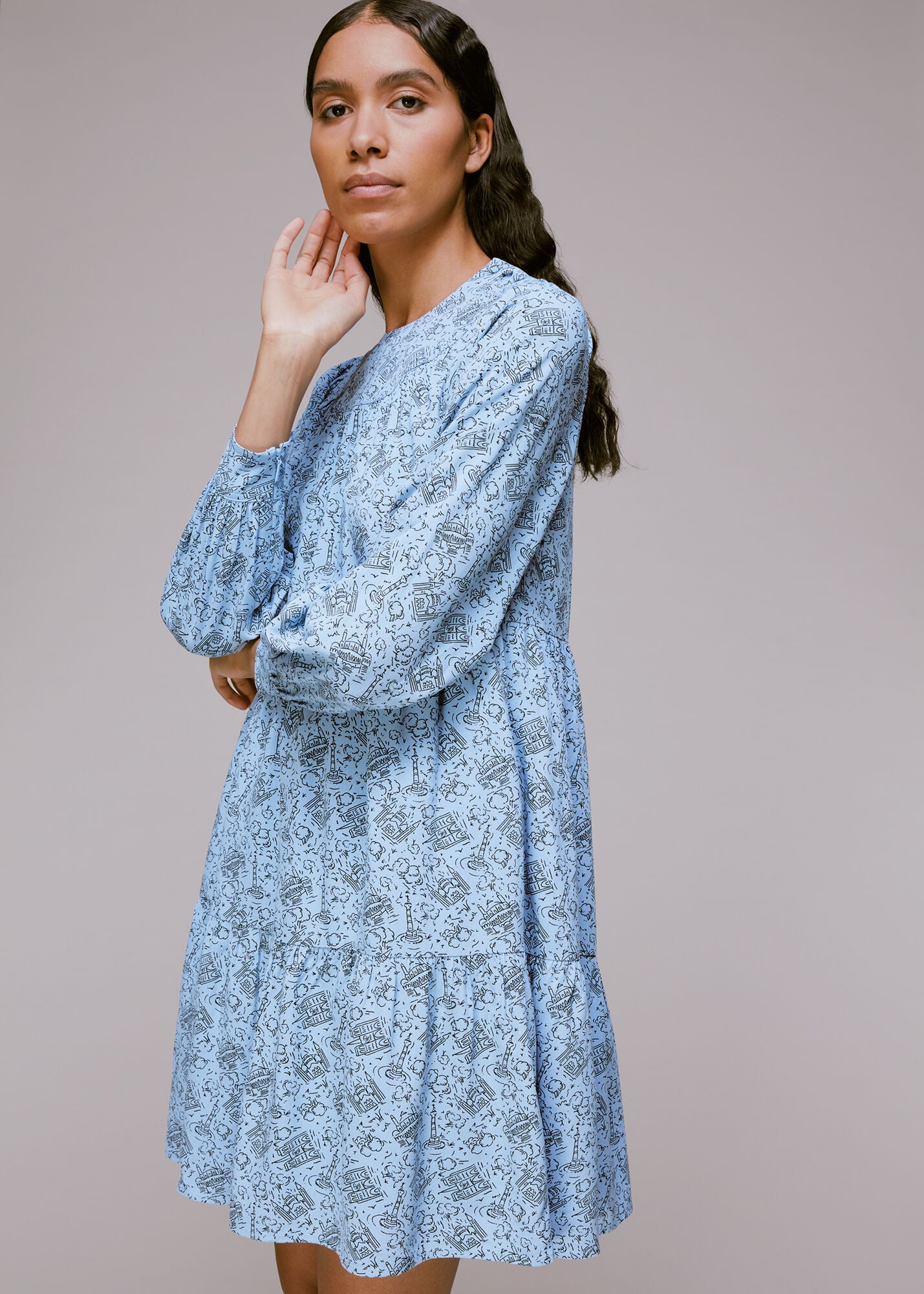 Blue/Multi Monument Print Trapeze Dress | WHISTLES | Whistles US |