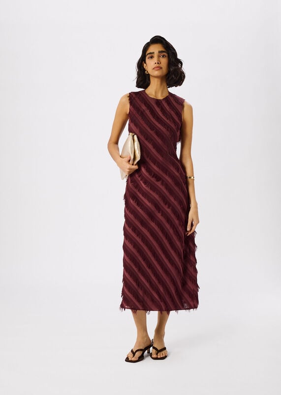 Brown Diagonal Fringe Textured Dress