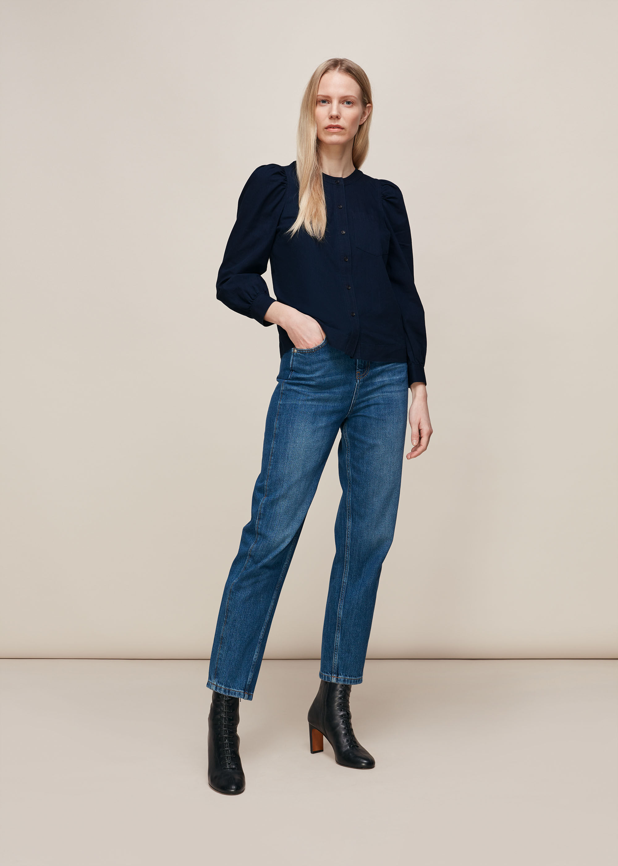 Denim Chambray Puff Sleeve Shirt 