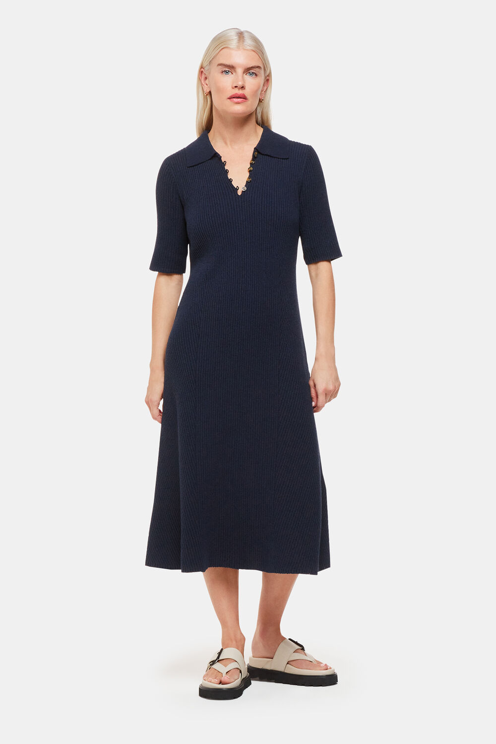 Navy Petite Knitted Ribbed Midi Dress